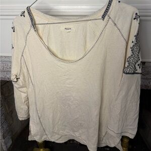 Madewell Cream Long Sleeve Top with Black Embroidery